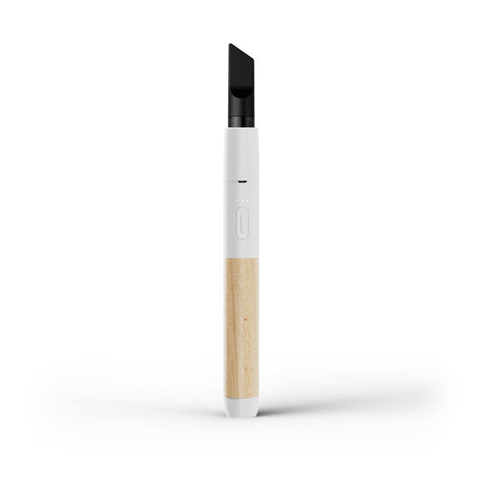 A clean, front-facing studio product shot of the Vessel Craftsman vape pen in White and Beechwood. The device stands perfectly straight, detailing the precise centralized placement of the tactile silver power button, the 3-LED battery life indicator array just below it, and the rich, light-colored natural wood grain pattern of the lower grip.