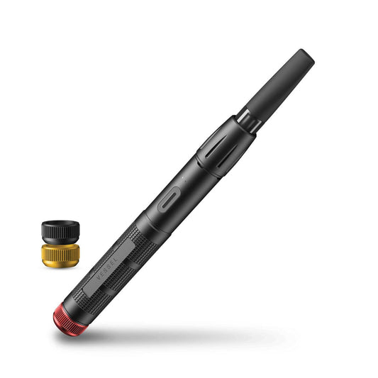 A crisp, close-up studio product shot of the Vessel Expedition Trail Edition 510 vape battery in Matte Black shown at a front-slanted angle. The heavy-duty device stands vertically, beautifully highlighting the deep, cross-hatched knurled texture of its tactical grip, the silver power button, the 3-LED indicator lights, and a clear glass 510 cartridge loaded into the rugged, protective top drop-in collar.
