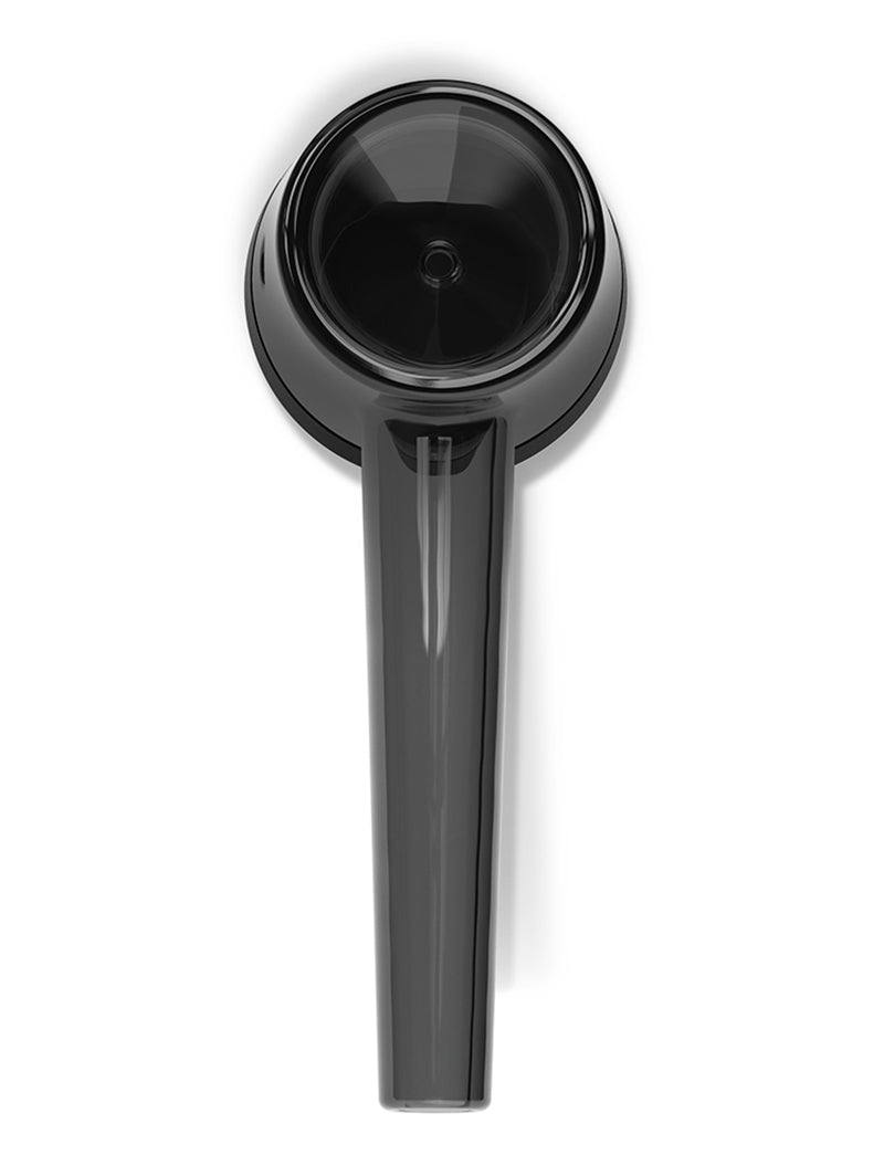 An overhead view of the Black Vessel Forge, looking directly into the wide glass bowl. This perspective emphasizes the hand-crafted thickness of the borosilicate glass and the clean, modern aesthetic of the black silicone accents.