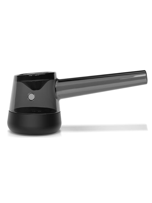 A side view of the Vessel Forge Glass Pipe in Black. The image highlights the ergonomically sculpted borosilicate glass body and the deep bowl, showcasing the sleek transition to the protective black silicone base at the bottom.