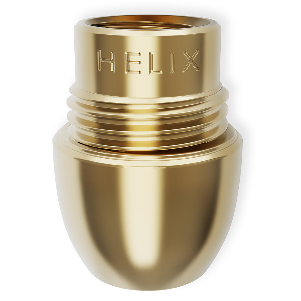 A close-up profile view of the Vessel Helix Axis Bowl. This shot emphasizes the sharper, refined edge of the brass bowl, designed for easier and more accurate loading of dry herb directly from a dugout.