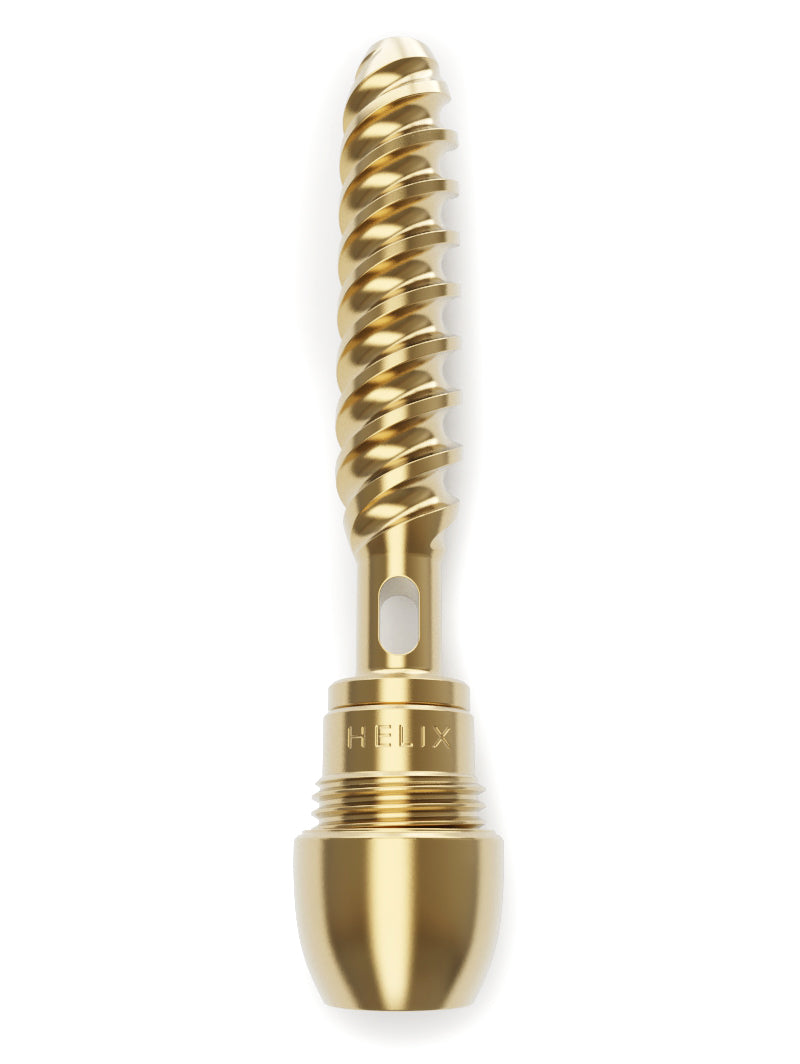 A vertical view of the Vessel Helix Axis expansion bowl fully attached to the signature brass double helix cooling core. The device is shown standing upright, highlighting the seamless threaded connection and the high-end industrial aesthetic of the modular system.