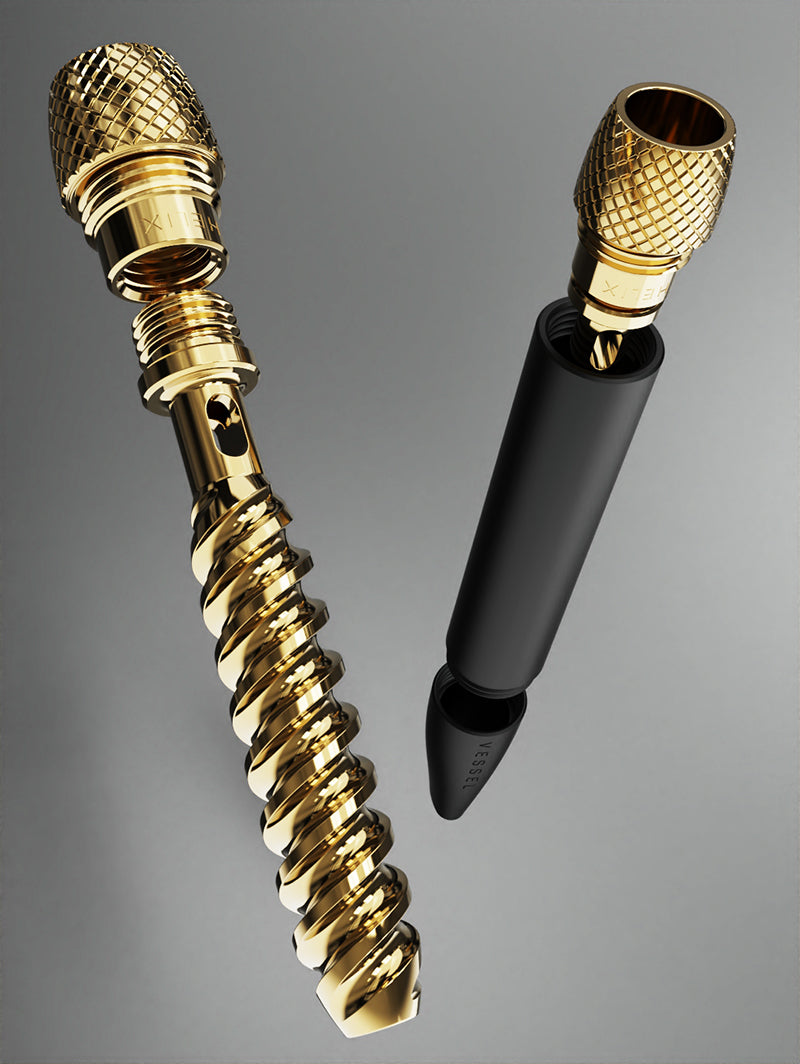 A breakdown view of the Vessel Helix Black illustrating the assembly. One unit is shown with the mouthpiece slightly pulled away, while next to it, the internal brass double helix spiral is partially removed from the black bowl, highlighting the easy-to-clean 4-piece design.