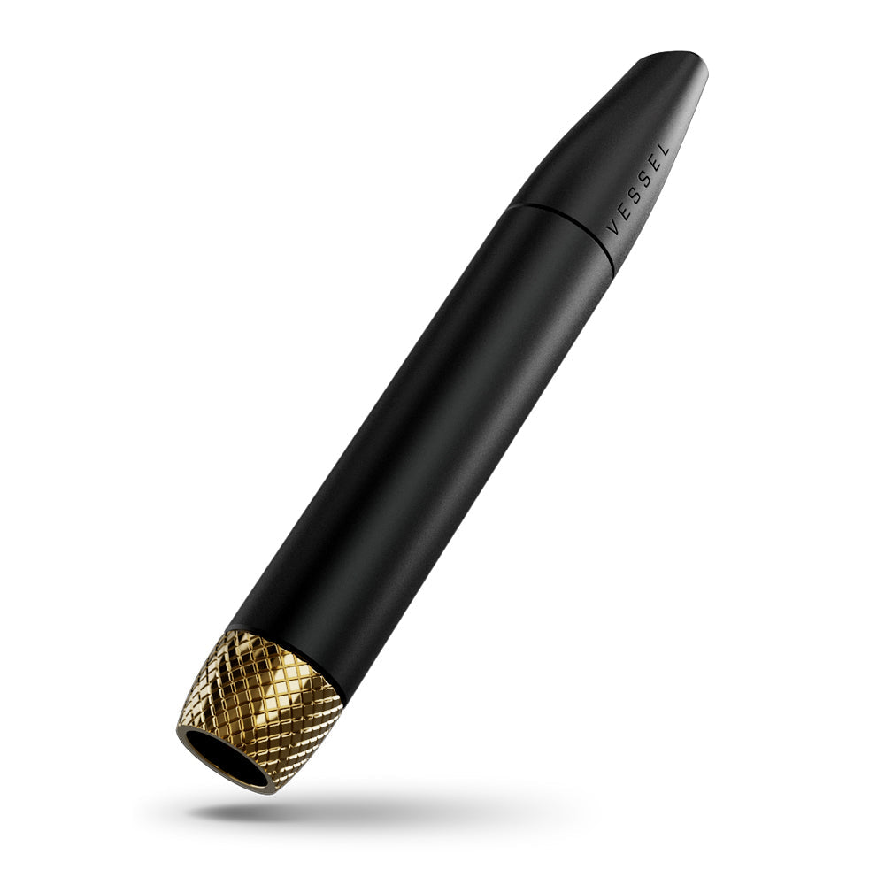 A detailed profile view of the Vessel Helix Black pipe. The image showcases the high-quality brass bowl and the seamless, modern aesthetic of the black finish, emphasizing the pipe's premium build and tactical look.