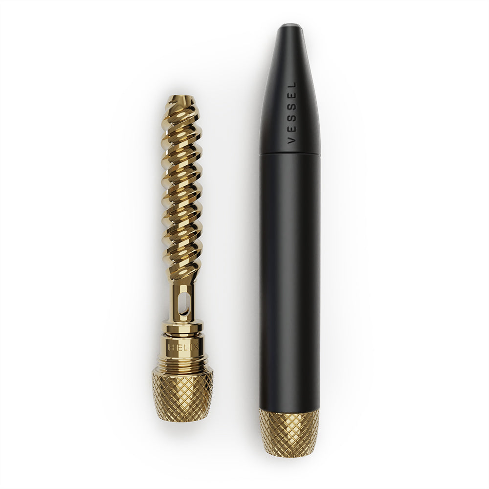 The Vessel Helix in Black shown fully disassembled into its four components. The shot highlights the signature internal brass helix spiral and the threaded bowl next to the sleek, matte black body, demonstrating the easy-maintenance design.