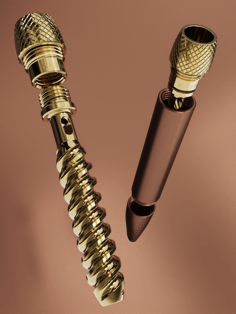 A breakdown view of the Vessel Helix Sierra illustrating the modular design. One unit is shown with the mouthpiece slightly separated, while next to it, the internal brass double helix spiral is partially removed from the copper-toned bowl, demonstrating the easy 4-piece cleaning process.