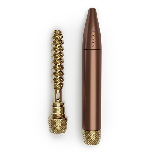 The Vessel Helix in Sierra shown fully disassembled into its four precision parts. The image showcases the deep green matte body alongside the internal brass double helix spiral and the threaded bowl, highlighting the easy-to-clean modular design.