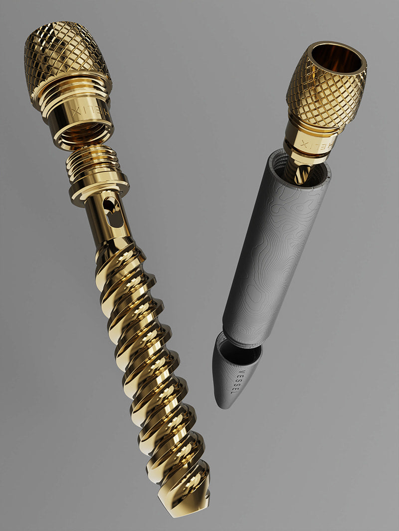 A breakdown view of the Vessel Helix Stone showing the assembly process. One unit is shown with the mouthpiece slightly detached, while next to it, the internal brass helix spiral is shown partially unscrewed from the bowl, demonstrating the 4-piece modular design.