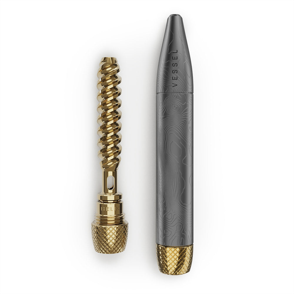 The Vessel Helix in Stone shown disassembled. The image highlights the internal brass helix spiral and the threaded bowl section laid out next to the sleek, matte Stone finish body, illustrating the 4-piece easy-clean construction.