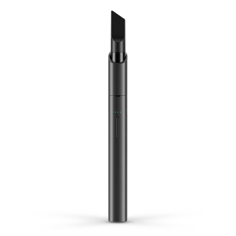 A crisp, front-facing studio product shot of the Vessel Vista Edge 510 vape battery in Slate. The premium device stands vertically, highlighting its smooth, dark charcoal gray anodized finish, the centralized tactile power button, the 3-LED power indicator array, and the signature curved, scalloped drop-in collar at the top protecting a silver display cartridge.