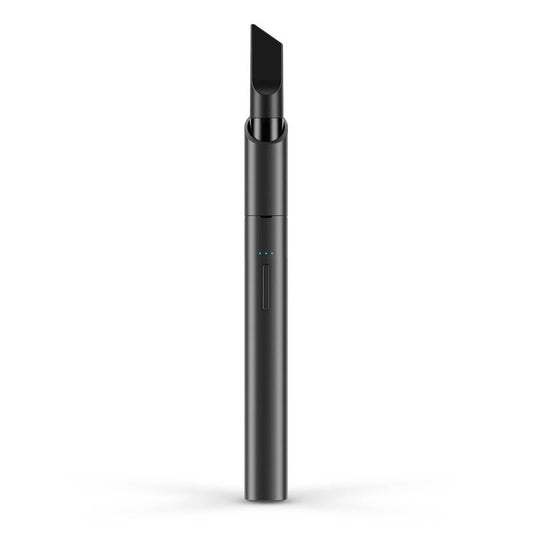 A crisp, front-facing studio product shot of the Vessel Vista Edge 510 vape battery in Slate. The premium device stands vertically, highlighting its smooth, dark charcoal gray anodized finish, the centralized tactile power button, the 3-LED power indicator array, and the signature curved, scalloped drop-in collar at the top protecting a silver display cartridge.
