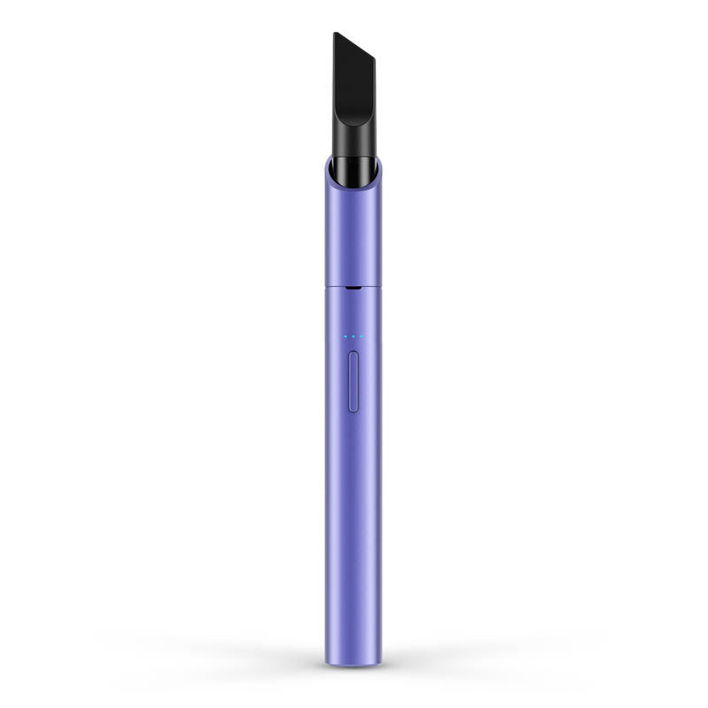 A crisp, front-facing studio product shot of the Vessel Vista Edge 510 vape battery in Very Peri. The premium device stands vertically, highlighting its smooth, vibrant periwinkle purple anodized finish, the centralized silver power button, the 3-LED power indicator strip, and the signature sweeping drop-in collar at the top protecting an installed silver display cartridge.