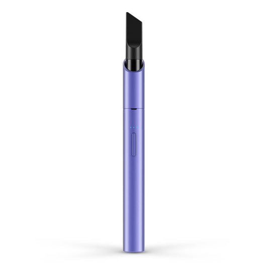 A crisp, front-facing studio product shot of the Vessel Vista Edge 510 vape battery in Very Peri. The premium device stands vertically, highlighting its smooth, vibrant periwinkle purple anodized finish, the centralized silver power button, the 3-LED power indicator strip, and the signature sweeping drop-in collar at the top protecting an installed silver display cartridge.