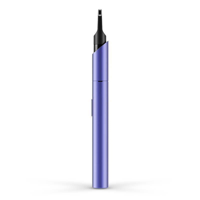 A clean side-angle studio product shot of the Vessel Vista Edge vape pen in Very Peri. This view highlights the ultra-streamlined, slim profile of the premium battery, showcasing the clean unibody alignment of the periwinkle purple aluminum casing and the curved, protective drop-in top architecture housing an oil cartridge.