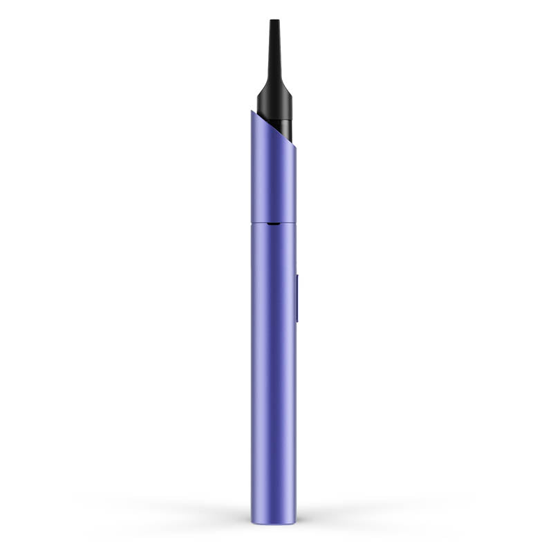 A crisp studio product shot displaying the opposite side profile of the Vessel Vista Edge 510 vape battery in Very Peri. The image highlights the perfectly flush, seamless unibody construction of the vibrant periwinkle purple aluminum casing, emphasizing the smooth, sweeping ergonomic curves of the protective top drop-in collar with a 510 thread oil cartridge installed.