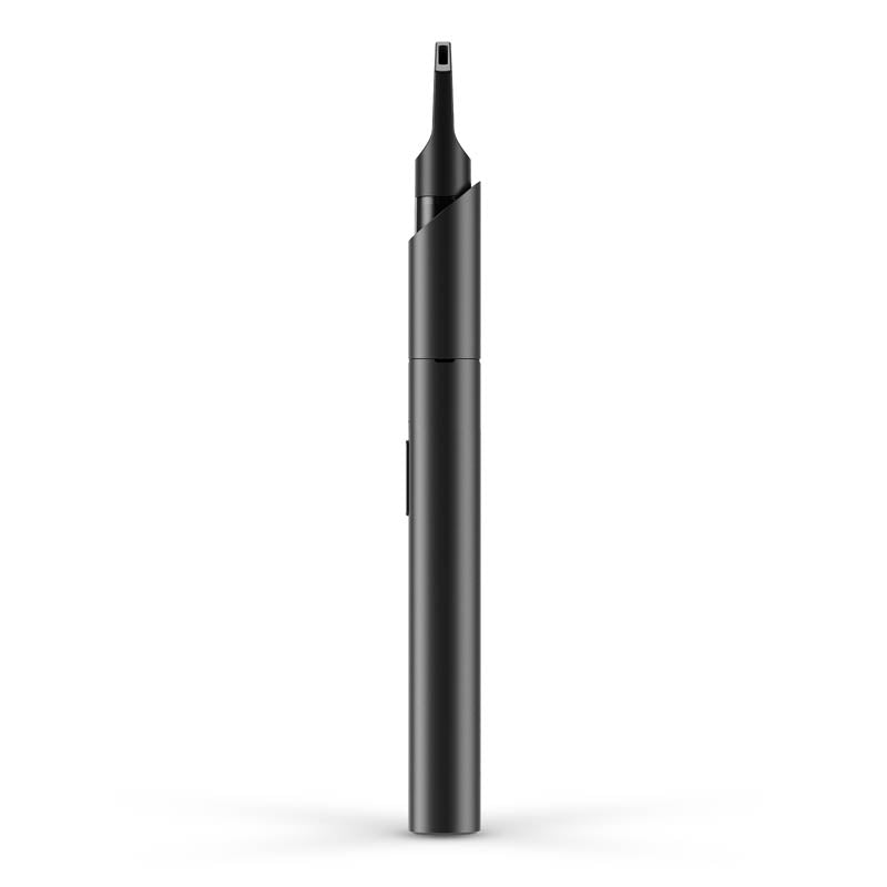 A clean side-angle studio product shot of the Vessel Vista Edge vape pen in Slate. This view emphasizes the ultra-streamlined, slim profile of the premium battery, detailing the clean alignment of the anodized dark gray frame panels and the flush integration of its protective top cartridge collar.