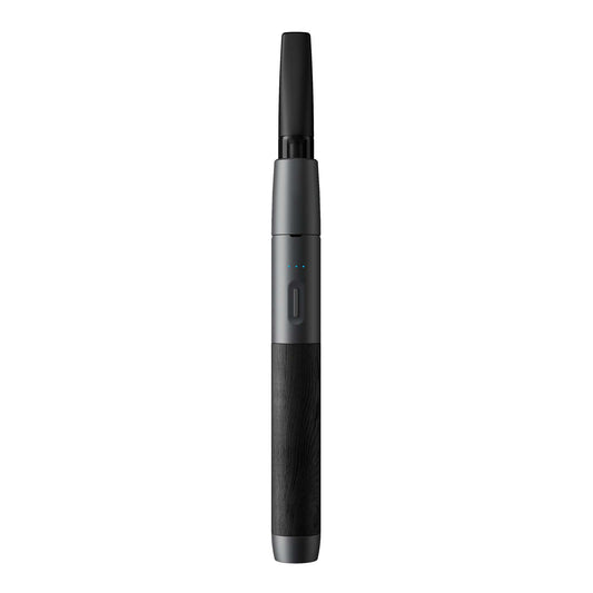 A clean, front-facing studio product shot of the Vessel Wood Series 510 vape battery in Slate and Blackwood. The premium device stands perfectly straight, highlighting the centralized placement of the tactile silver power button, the 3-LED battery life indicator array, and the deep, rich dark brown wood grain pattern of the lower grip contrasted against the slate-gray top collar with an installed clear cartridge.