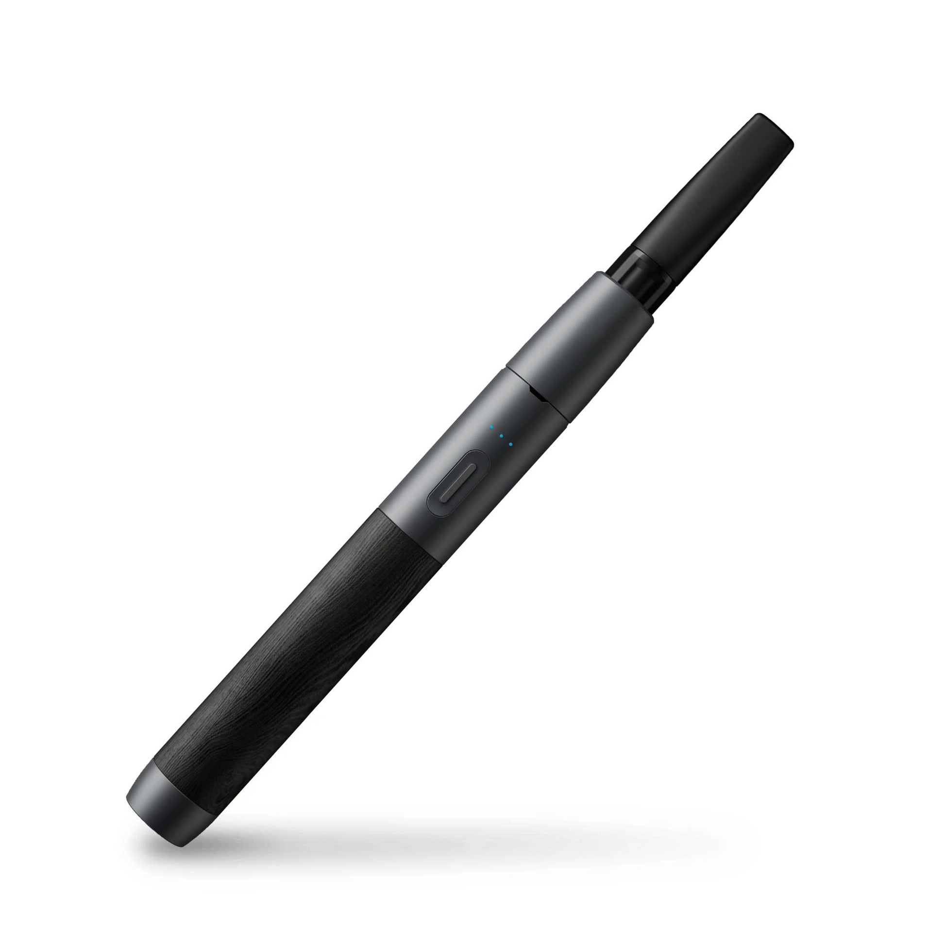 A crisp, close-up studio product shot of the Vessel Wood Series vape pen in Slate and Blackwood shown at a front-slanted angle. The image captures the elegant transition between the smooth matte slate-gray aluminum top collar and the textured, organic grain of the premium genuine blackwood handle, with a 510 oil cartridge loaded securely into the drop-in bay.