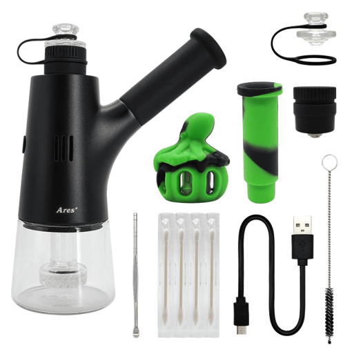 A comprehensive flat-lay studio product shot displaying the Waxmaid 6.5” Ares Plus Electric Dab Rig unboxed with its full accessory kit. The layout features the black metal device alongside the quartz atomizer, silicone glass container, stainless steel dab tool, honeycomb percolator, carb cap, mouthpieces, cleaning supplies, and charging cable neatly organized.