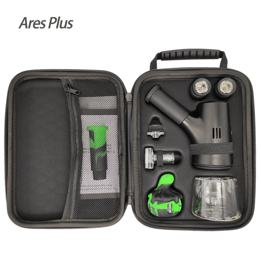 A detailed studio product shot showing the Waxmaid 6.5” Ares Plus Electric Dab Rig and all accessories stored inside the open smellproof PU travel case. The photo highlights the custom-molded foam slots securely organizing the metal unit, glass cup, silicone container, loading tool, and cleaning gear.