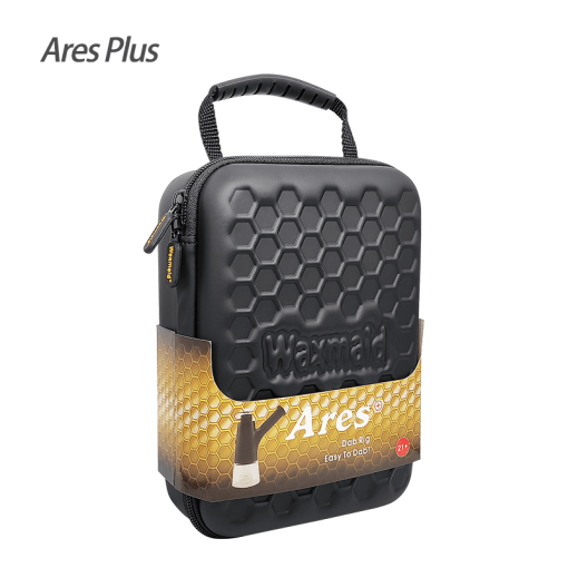 A crisp studio product shot featuring the closed smellproof PU travel case for the Waxmaid 6.5” Ares Plus Electric Dab Rig. The image showcases the sleek black case exterior with its double-sided honeycomb relief pattern, secure double-zipper closure, grooved silicone handle, and attached carrying belt.