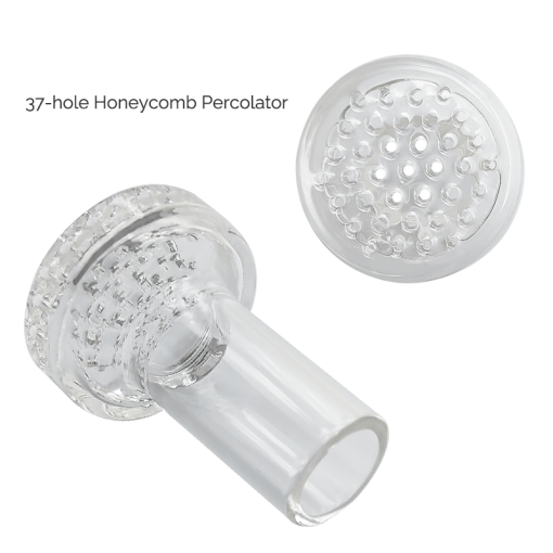 A detailed studio shot focusing on the clear glass cup and integrated honeycomb percolator component for the Waxmaid Ares Plus. The photo illustrates the transparent glass filtration chamber and the multi-hole honeycomb perc disc designed for water filtration and vapor cooling.