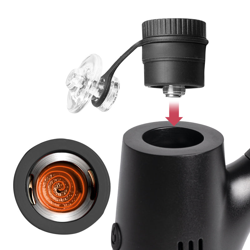 A close-up studio shot highlighting the quartz atomizer being threaded onto the top connection port of the Waxmaid Ares Plus. The photo captures the hands-on assembly alongside an uninstalled second atomizer displaying an overhead view of the internal direct-heating quartz chip surface.
