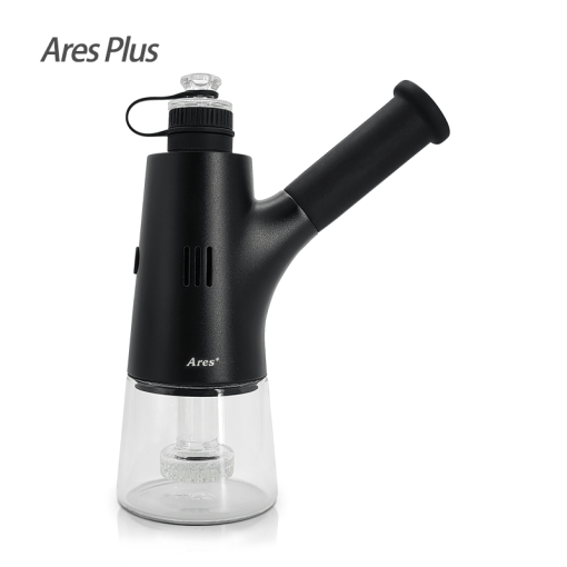 A clean, side-profile studio product shot displaying the Waxmaid 6.5” Ares Plus Electric Dab Rig standing upright. The image highlights the sleek black Zinc Alloy metal body, the clear glass water chamber displaying the internal honeycomb percolator, and the black silicone mouthpiece stem set against a solid background.