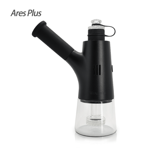 A crisp studio product shot showing the opposite side profile of the Waxmaid 6.5” Ares Plus Electric Dab Rig. The view highlights the ergonomic contours of the zinc alloy power chassis, the secure fitment of the silicone mouthpiece, and the transparent water base setup.