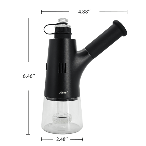 A clear, side-profile studio product shot of the Waxmaid 6.5” Ares Plus Electric Dab Rig featuring sizing callout graphics. The image highlights the compact 6.5-inch height and portable width of the zinc alloy and glass device, emphasizing its ergonomic handheld size against a clean background.