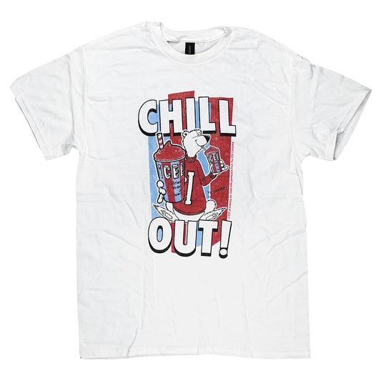 White Brisco Brands ICEE T-shirt featuring the polar bear mascot and 'CHILL OUT!' graphic.