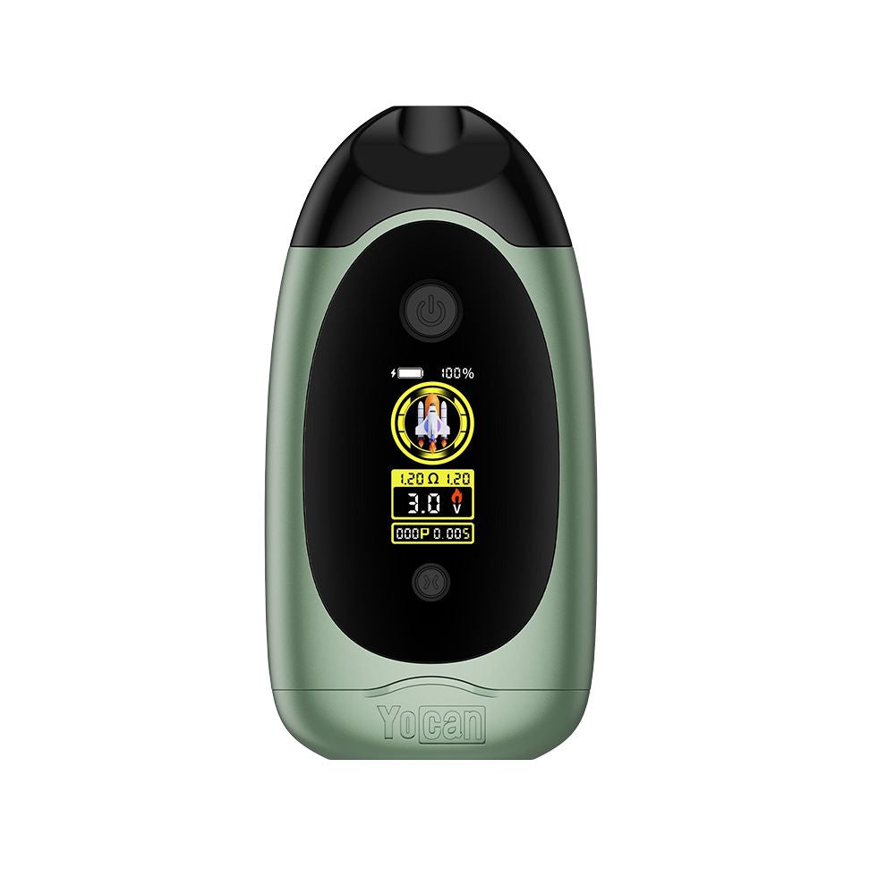 High-performance Yocan Dubb dual cartridge-capable vape in Sage Green, featuring 510-thread compatibility, ergonomic design, and a real-time OLED battery and voltage display.