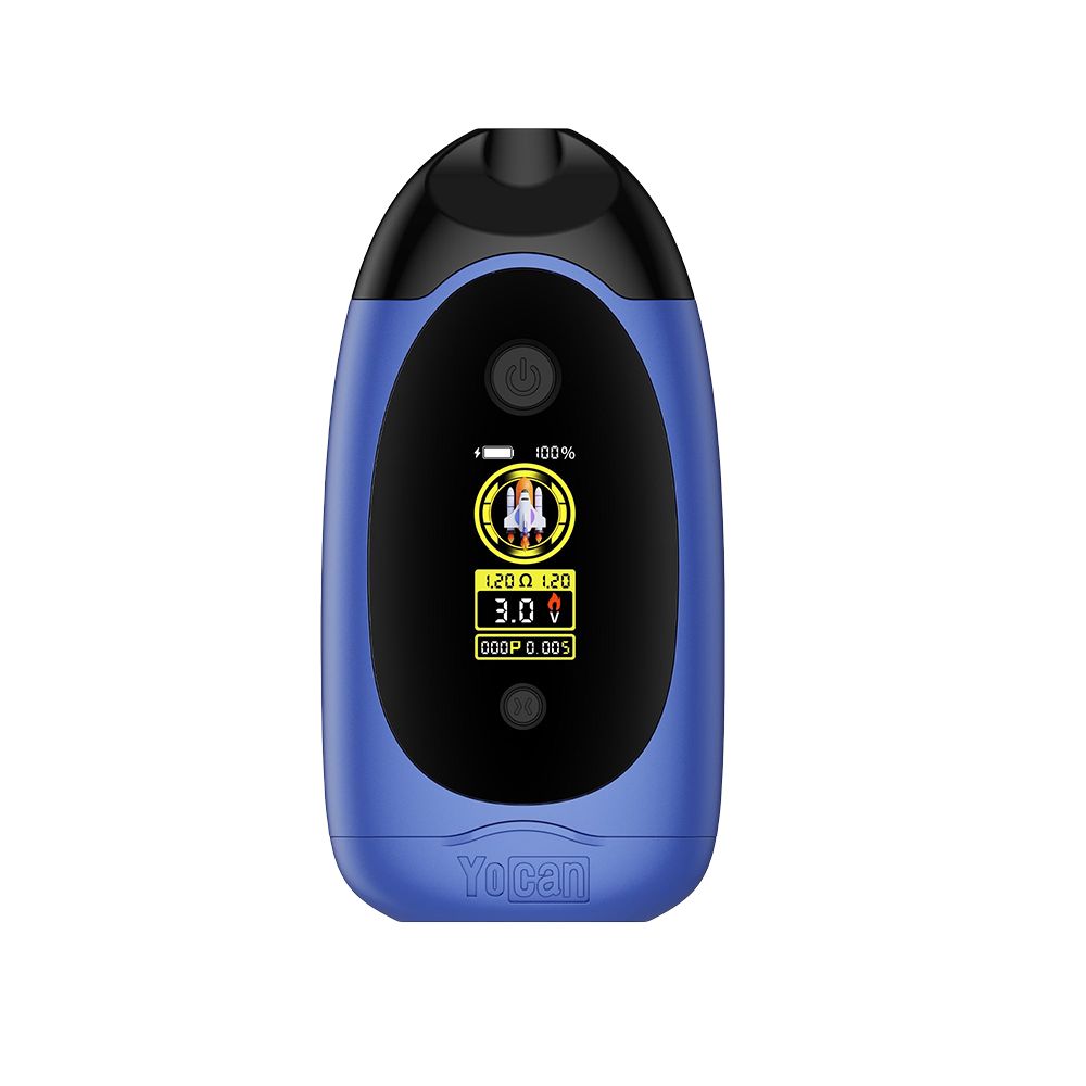 Premium Yocan Dubb 510 dual vape battery in Blue, showing the ergonomic shape, centered OLED screen, and universal 510-thread connections for two independent cartridges.