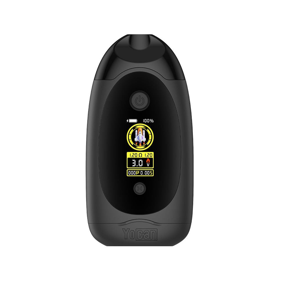 Authentic Yocan Dubb dual cartridge vape battery in Black, featuring a rugged metal body, USB-C charging port, and a digital OLED screen with dual cartridge voltage readouts.