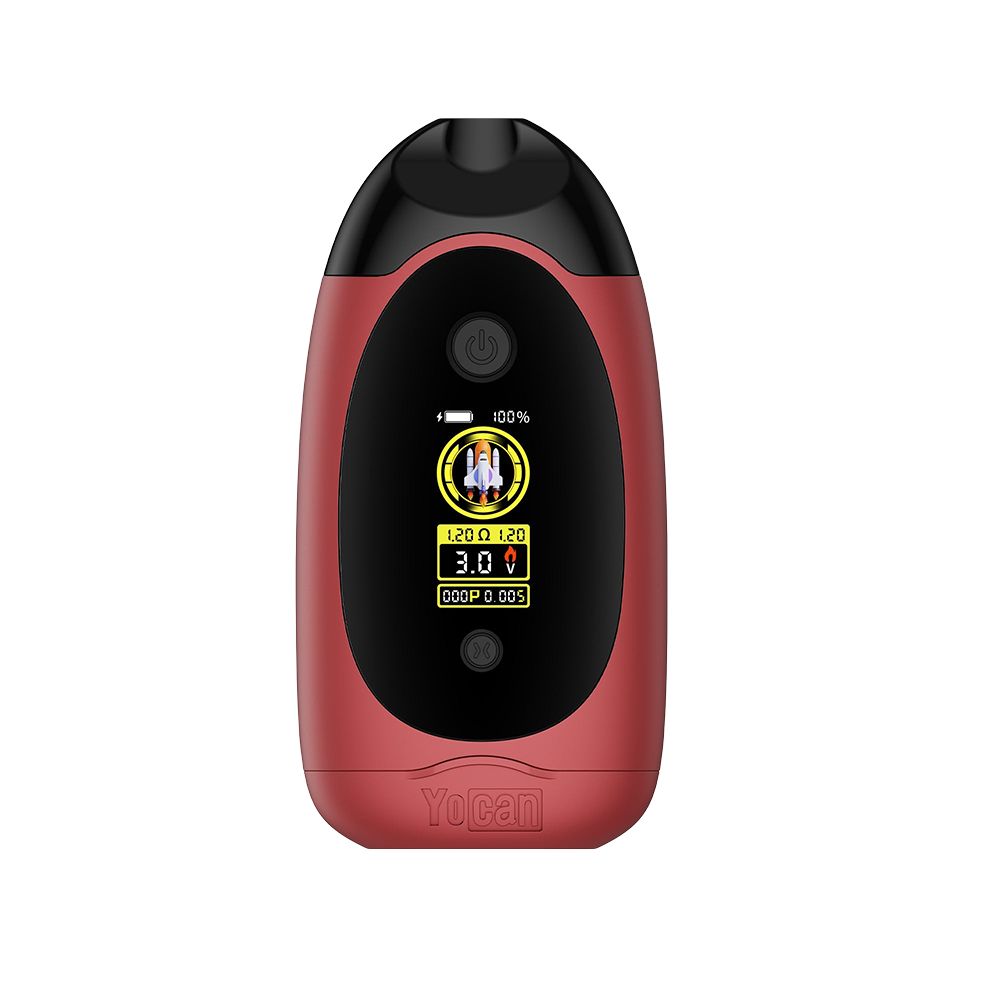 Yocan Dubb compact dual cartridge vape battery in Red, highlighting the large digital display for variable voltage settings and the dual cartridge-ready 510 ports.