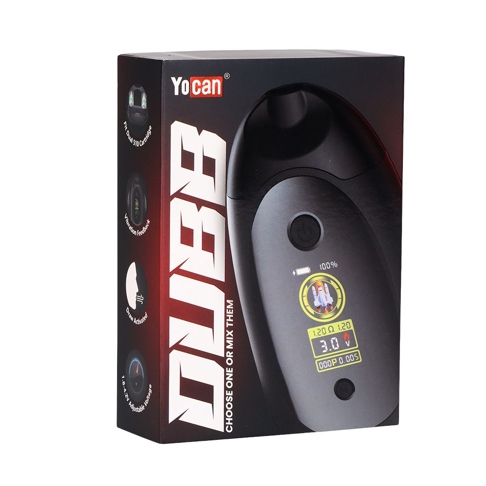 Authentic retail packaging and box for the Yocan Dubb Dual Cartridge Vaporizer, featuring product branding, key feature list, and holographic authenticity label.