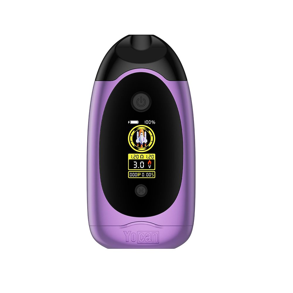Premium Yocan Dubb dual cartridge vape in Purple, displaying the clear OLED screen for variable voltage adjustment and the unique dual 510-thread port design.