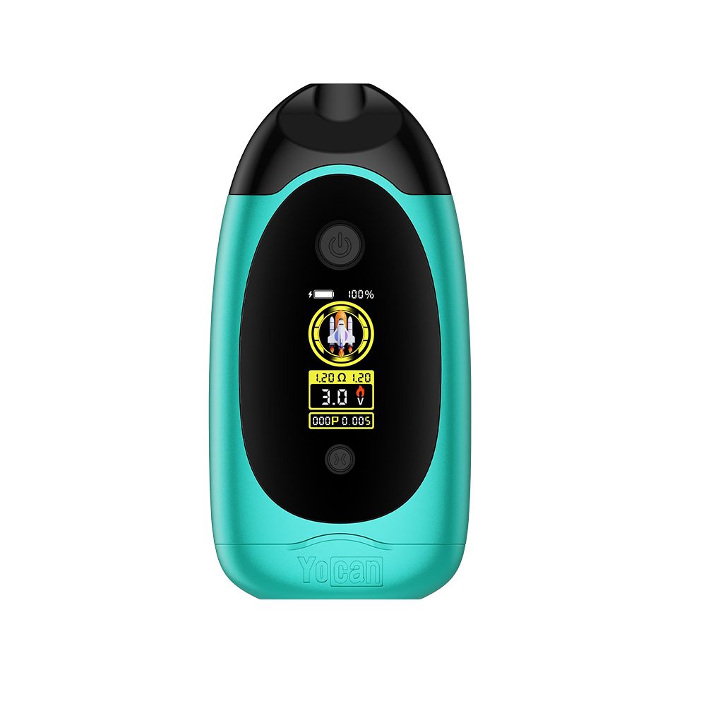 Yocan Dubb dual cartridge 510 battery in Teal, showcasing the modern aesthetic, digital screen, and compact palm-style form factor with space for two cartridges.