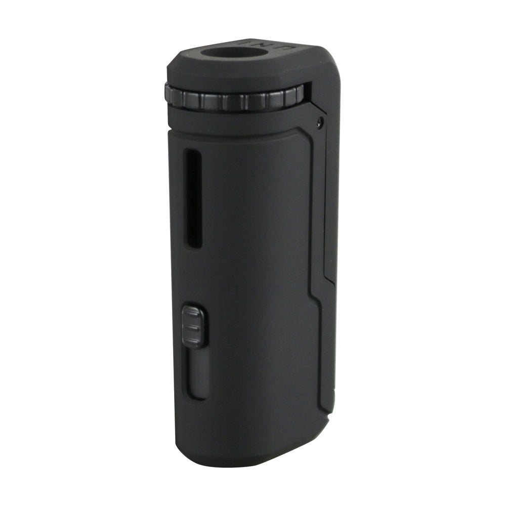 A rear-profile view of the Yocan UNI in Black. This shot emphasizes the functional side of the device, showcasing the adjustable height lever and the clear oil level window. The top aperture adjustment dial is also visible, illustrating the unit's universal cartridge compatibility.