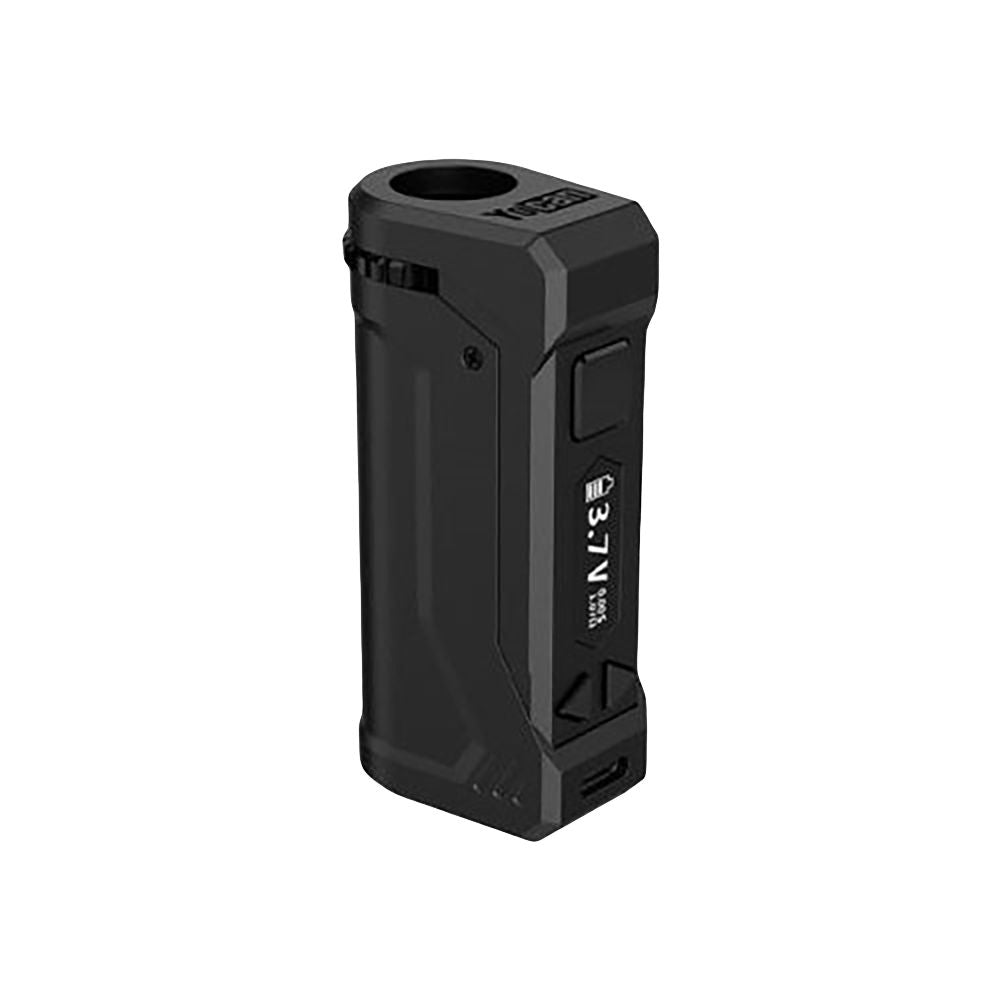 A detailed front-profile view of the Yocan UNI Pro 2.0 in Black. The image showcases the sleek, scratch-resistant metallic finish, the side-mounted firing button, and the digital display indicating a precise 3.7V voltage setting.