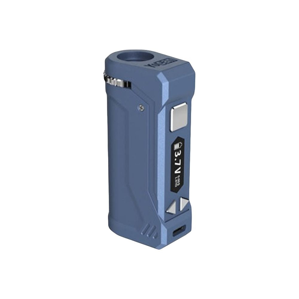 A studio shot of the Yocan UNI Pro 2.0 in Blue. This device features a calm, slate-blue metallic zinc alloy body with silver-toned hardware. The OLED display is active, showing a precision 3.7V setting and a full battery indicator.