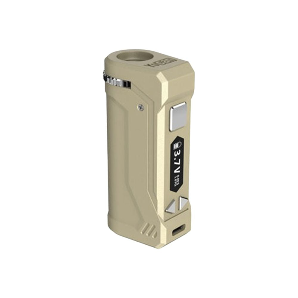 A front-angle view of the Yocan UNI Pro 2.0 in Gold. The metallic gold finish gives the device a premium, high-end aesthetic. Visible details include the adjustable aperture dial at the top and the tactile adjustment buttons located below the digital screen.