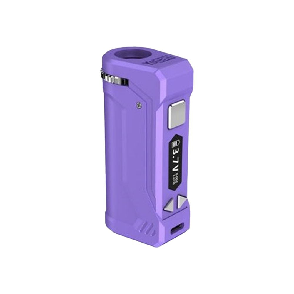 A front-profile view of the Yocan UNI Pro 2.0 in Purple. This variant showcases a smooth, lavender-purple metallic exterior. The image highlights the top adjustment dial for cartridge diameter and the crisp digital display, illustrating the device's customizable and high-end nature.