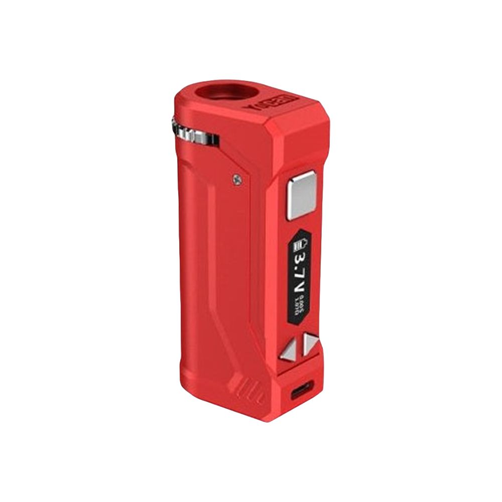A front-angle studio shot of the Yocan UNI Pro 2.0 in Red. The device features a vibrant, matte red zinc alloy body with a silver firing button and adjustment arrows. The OLED screen is shown active at 3.7V, emphasizing the mod's industrial design and premium metallic finish.