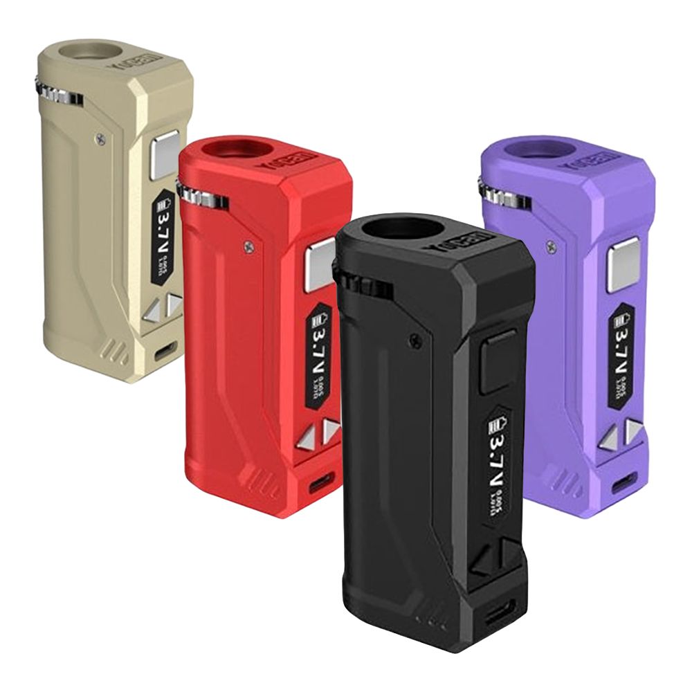 A studio shot featuring four Yocan UNI Pro 2.0 Box Mods in Gold, Red, Black, and Purple. Each device highlights its premium zinc alloy metallic body, crisp OLED screen, and universal cartridge adjustment dials.
