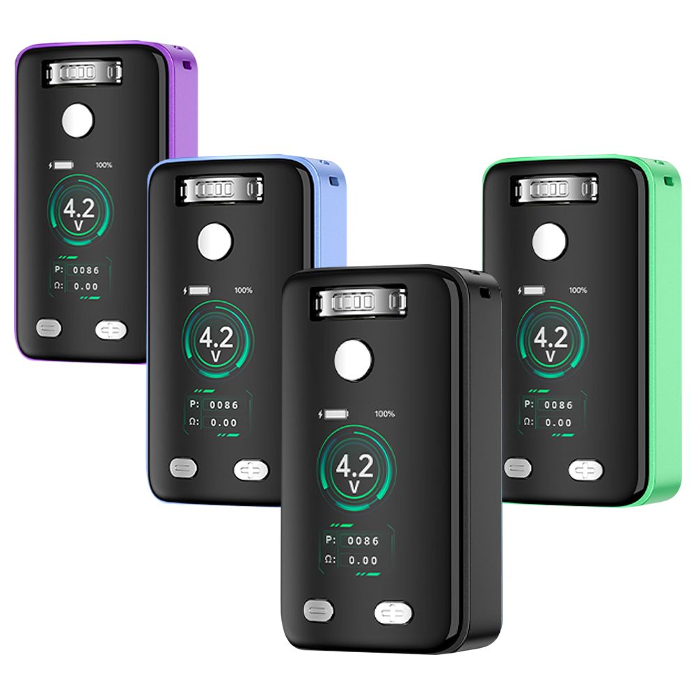 Yocan UNI Pro 3.0 510 thread battery collection showing four distinct colors: Black, Purple, Air Blue, and Apple Green, highlighting the upgraded design and variable voltage display.