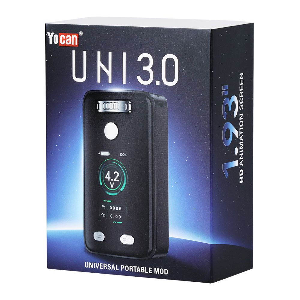 Official retail box for the Yocan UNI Pro 3.0 Universal Portable Mod, highlighting the new 1.93-inch HD animation screen and 510 thread compatibility for oil cartridges.
