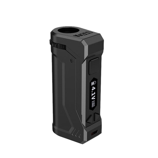 A front-angle studio shot of the Yocan UNI Pro in Black. The image highlights the device's sleek, matte black finish and sharp, modern edges. The OLED screen is clearly visible, along with the top-mounted slider and the side adjustment buttons for precision voltage control.