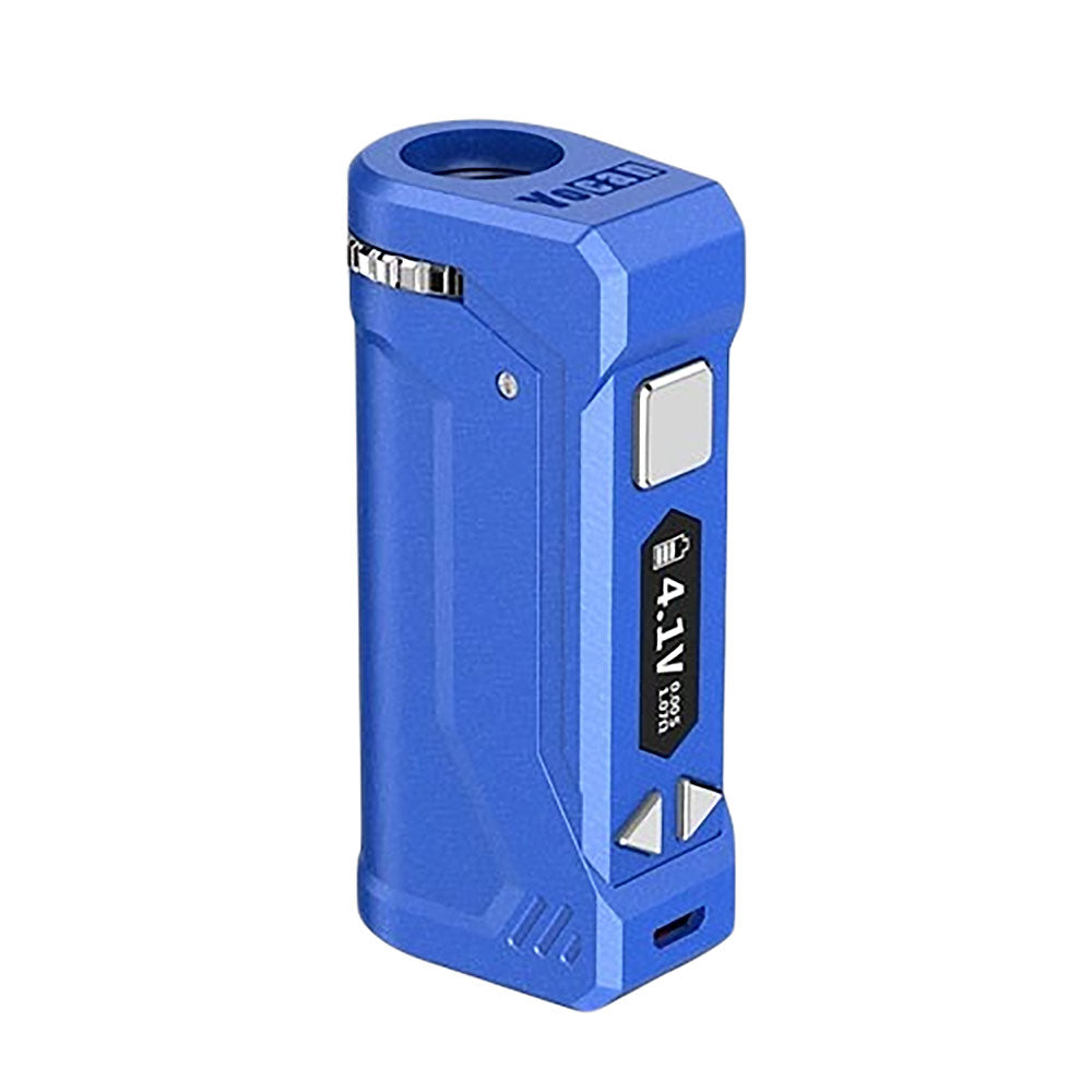 A front-facing studio shot of the Yocan UNI Pro in Dark Blue. The device features a deep, navy blue matte finish with a prominent black firing button and a crisp OLED screen. This shot highlights the sharp, angular corners of the Pro version and the top-mounted aperture adjustment slider.