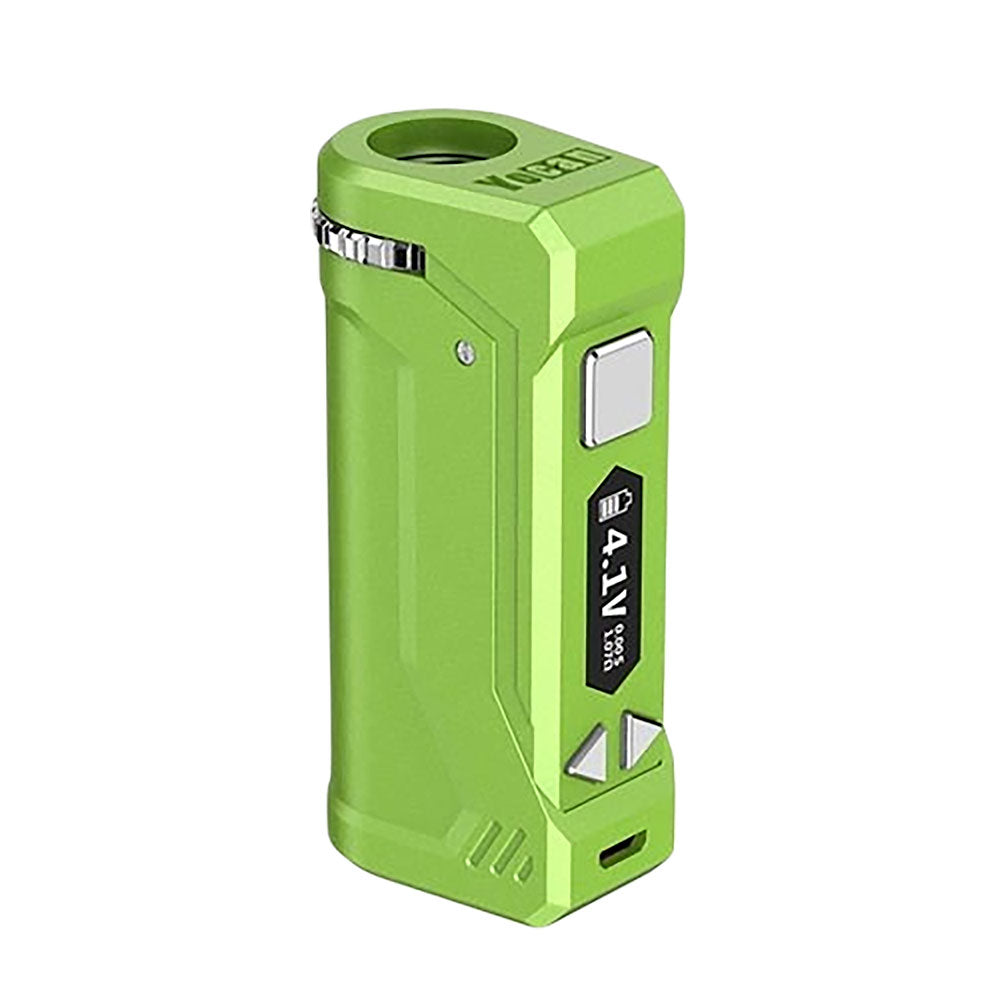 A front-profile view of the Yocan UNI Pro in Green. The device is shown in a bright, vivid lime green finish. The image emphasizes the user-friendly interface, featuring the digital display, voltage adjustment buttons, and the height slider used to accommodate various 510 cartridge sizes.